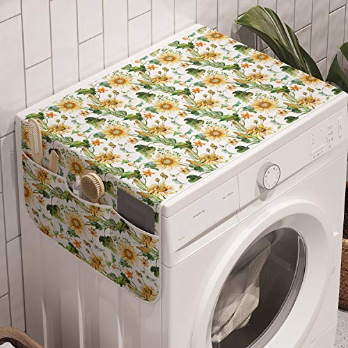 Lunarable Sunflower Washing Machine Organizer, Sunflower and Corn Pattern Agriculture Rural Plants Nature Closeup Classic Design, Anti-slip Fabric Cover for...