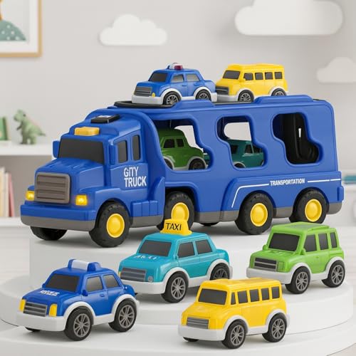 Image of Mini Explorer 5-in-1 Friction-Powered Truck Toy Set with Music for Kids Ages 3+ Years - Montessori Educational Transport Carrier Vehicle Toy for Boys & Girls, Fun Birthday Gift