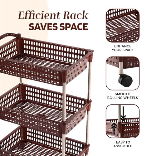 Image of Kuber Industries Storage Rack with Wheels | 3-Layer Storage Organizer Rack | Multipurpose Storage Trolley Rack for Kitchen-Home-office | Revolving Vegetable Storage Trolley | Brown