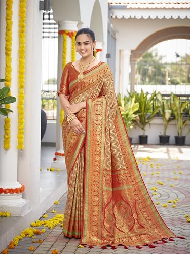 Image of MANOHARI Women's Trendy Banarasi Woven Saree with Heavy Jacquard Work, Elegant Design, Silk Saree with Maching Lace Border Unstitched Blouse Piece for Weddings & Festive Occasions