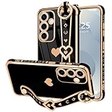 LLZ.COQUE for Samsung Galaxy S25 Case Cute Love-Heart Plating Strap Phone Cover for Women Girls Bling Silicone Camera Protection Bumper Shockproof Phone Case for Samsung Galaxy S25 5G (6.2'')-Black