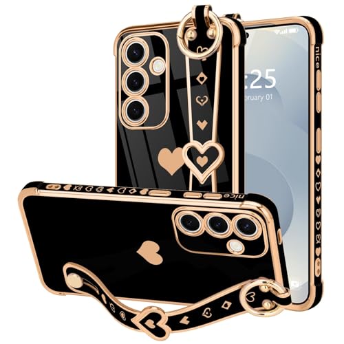 LLZ.COQUE for Samsung Galaxy S25 Case Cute Love-Heart Plating Strap Phone Cover for Women Girls Bling Silicone Camera Protection Bumper Shockproof Phone Case for Samsung Galaxy S25 5G (6.2'')-Black