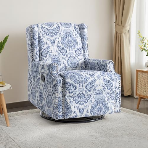 Image of Swivel Rocker Recliner Chair, 360 Swivel Wingback Recliner Chairs for Adults, Upholstered Printed Fabric Glider Rocking Chair with High Back, Deep Seat for Living Romm Bedroom, Navy