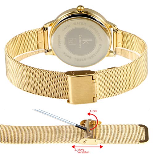 Damenuhr Alienwork Armbanduhr Gold mit Metall Mesh Armband