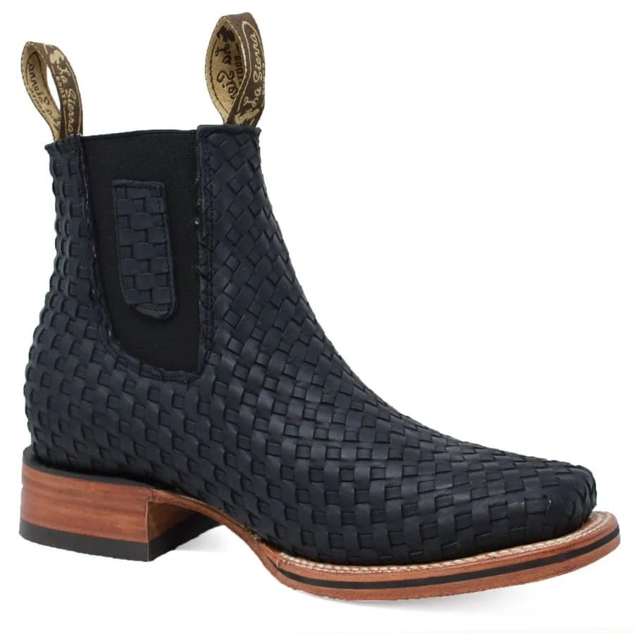 Men's Genuine Petatillo Leather Short Ankle Square Toe Cowboy Western Boots - Black