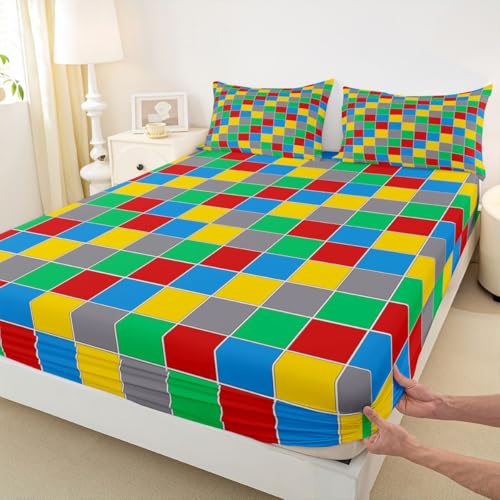 Image of Erosebridal Geometric Checkered Bedding Set Full Colorful Checkerboard Bed Sheets Rainbow Plaid Sheet Set Kids Boys Girls,Red Blue Green Yellow Grids Fitted Top Sheets 4 Piece