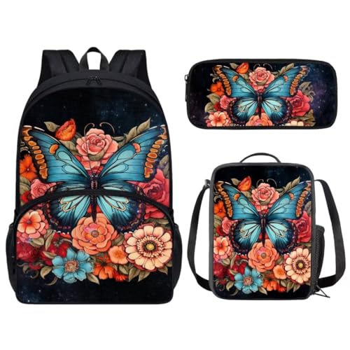 Pinupub Kids 3 In 1 Animals Backpack For Boys Girls 17 Inch Butterfly Flowers Print Elementary School Bag With Lunch Bag Pen Bag