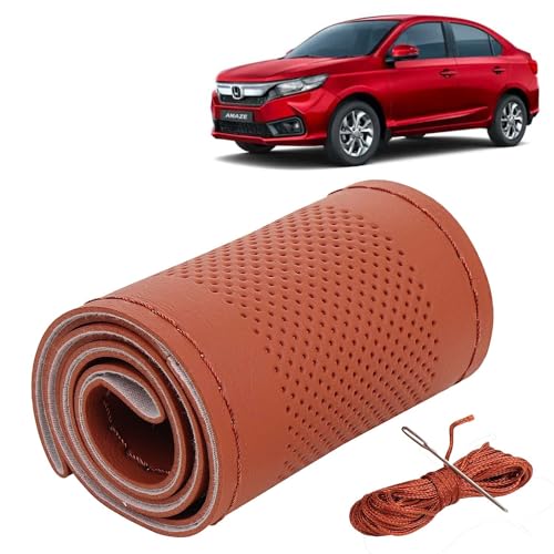 Image of KINGSWAY PU Leatherite Car Steering Cover Sewable Compatible with Honda Amaze (Year 2023 Onwards), Tan Color with Tan Thread, Pack of 1 with Sewing Needle and Thread