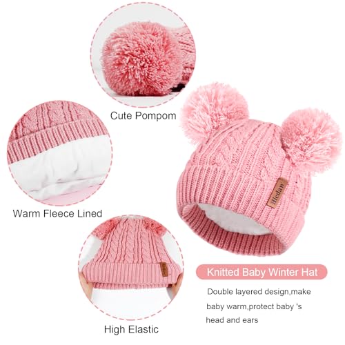 Hicdaw Kids Winter Hats Gloves Scarf Set Kids Mittens Double Pompom Cap Fleece Lined Toddler Beanie Hat for Boy Girl4