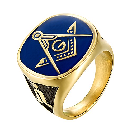 IFUAQZ Men's Stainless Steel Gold Plated Freemason Symbol Masonic Rings Blue Lodge Compass