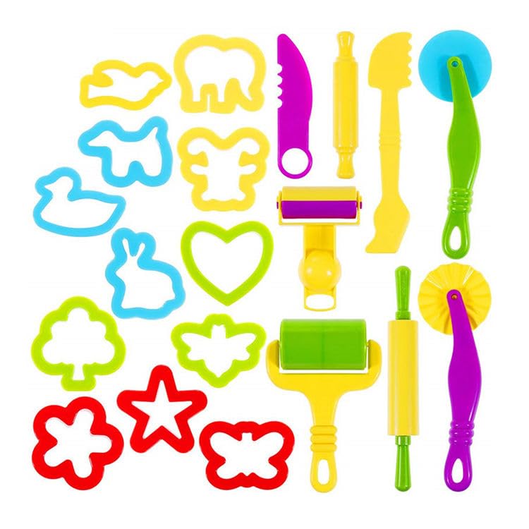 Clayo-20PCS Play Dough Tools Set for Kids, Playdough Cutters and Molds with Rolling Pin, Plastic Dough Knife and Pattern Rollers, Toddler Sensory Toy, Preschool Arts and Crafts Kit for Boys and Girls