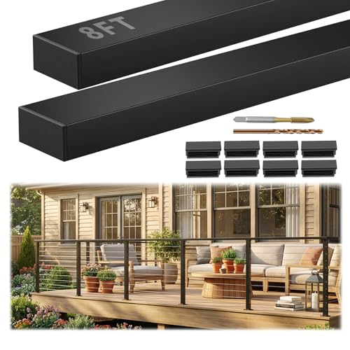 Image of 8FT Stainless Steel T304 Black Handrail, 2 Pack Rectangular Cuttable Handrail Flat Deck Top Rail with 8 Pcs Nylon End Caps for Indoor Outdoor Deck Stair Cable Railing System DIY Balustrade