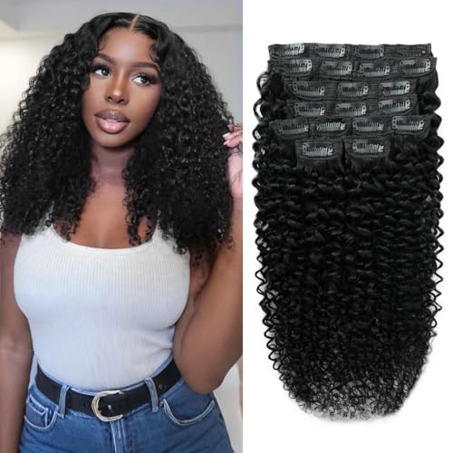 3C 4A Curly Clip In Hair Extensions Real Human Hair 18 Inch 110g 8pcs Kinky Curly Clip Ins Full Head for Black Women 100% Brazilian Remy Human Hair Extensions Natural Color with 20 Clips