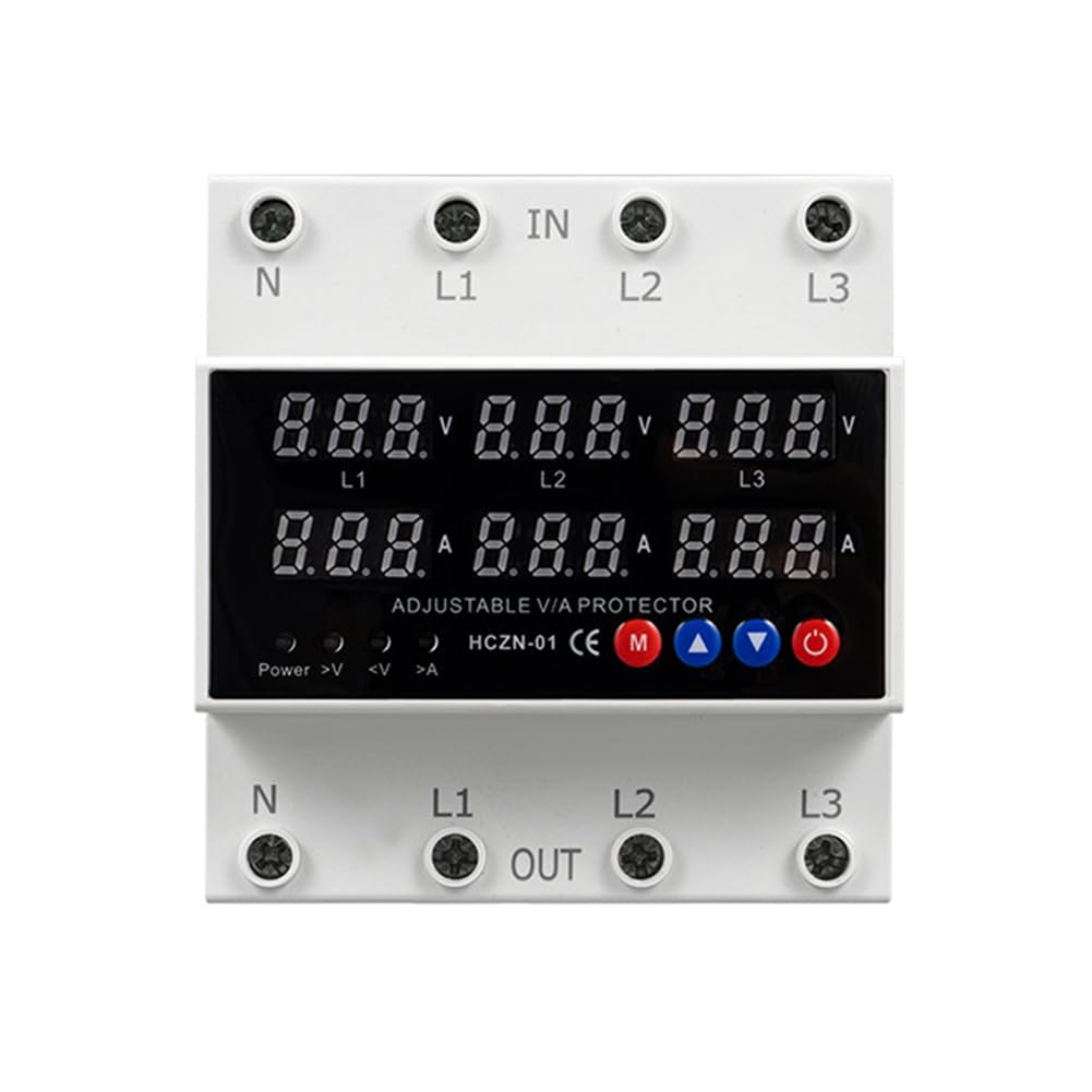 Jnchdghwa White Self-Resetting Surge Protector 3 Phase Din Rail Voltmeter Ammeter Over/Under Voltage Current Limit Protection 63A