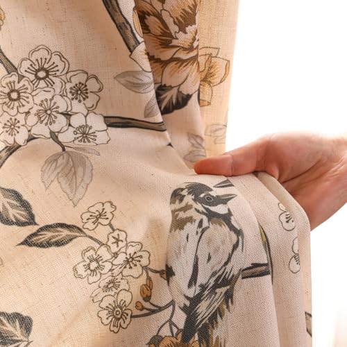 Image of Designer French Linen Printed Curtains,2 Panels,94 inchx65 inch-Murad | Vintage Elegant Curtain with Grommets 94 inches long,Bird and Flowers Pattern Draps,kitchen Bedroom Living Room Window