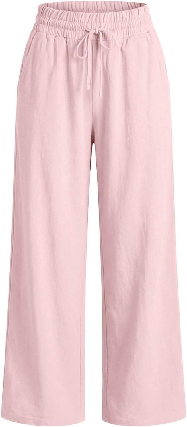 Wide Leg Linen Pants Women Summer High Waist Beach Pants Vacation Straight Leg Drawstring Trousers with Pockets Pant