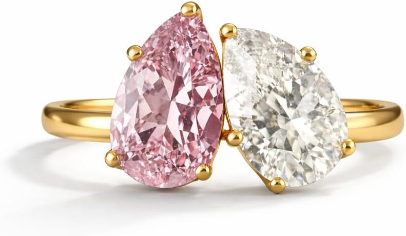 Pear Cut Pink Sapphire & CZ Diamond Two Stone Ring for Women 14K Yellow Gold Plated Toi Et Moi Engagement Promise Ring Art Deco Jewelry Gift for Her