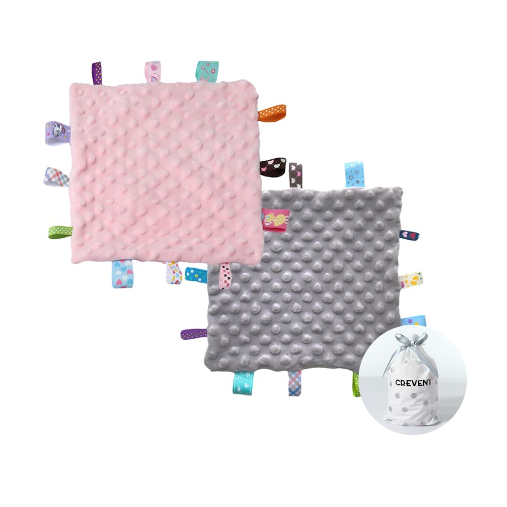 CREVENT - Baby Safety Blanket Small Soft Touch with Tabs for Girls Boys Birthday Baby Shower Gift 10"x10" Pink Grey