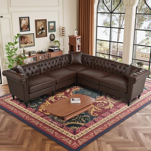 Image of 99.4 Inch 5 Seat L Shaped Couch Faux Leather Sectional Couch with Three Pillows Chesterfield L Shaped Sofa PU Leather Sectional Couches for Living Room Brown