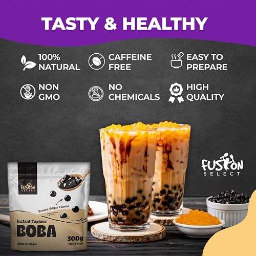 Fusion Select Instant Boba - No-Cook Instant Tapioca Pearls for Bubble Tea Drinks, Hot or Cold Sweet Milk Beverage - Microwave or Heat With Boiling Water - Real Brown Sugar Flavored Balls (6)