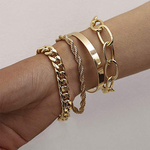 IFKM Gold Bracelets for Women, 14K Gold Plated Dainty Layered Chain Bracelets Adjustable Cute Bangle Link Bracelet Set4