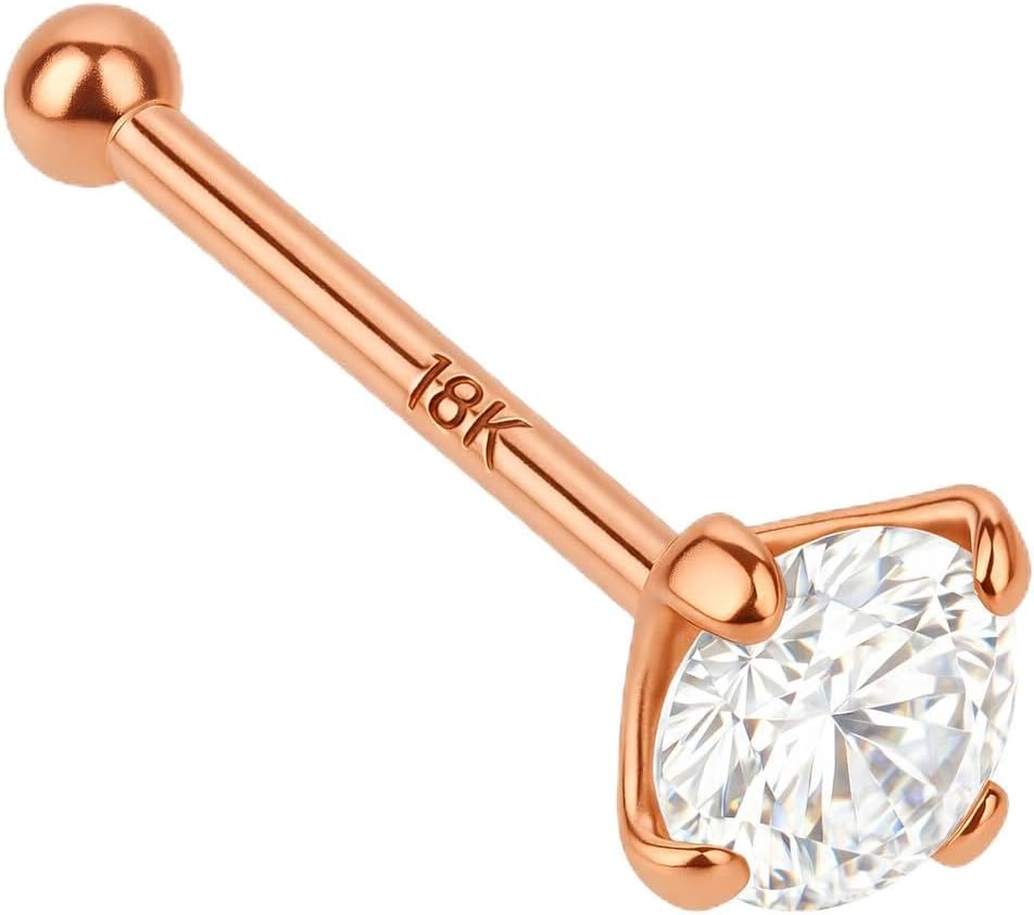 18k Gold Nose Stud Nose Piercing, 2.5mm Genuine Diamond, 1/4 Inch Length, 22 Gauge Solid Gold Nose Ring