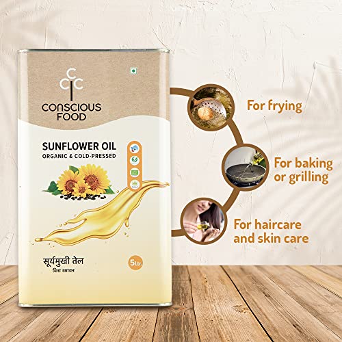 Image of Conscious Food Cold Pressed Sunflower Oil | 5 Litre | Natural | Healthy Cooking Oil | Tin Can | High in Antioxidants, Delicious & Healthy