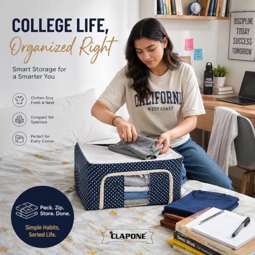 Image of CLAPONE Foldable Steel Frame Cloth Organizer Storage Box and Organiser /Wardrobe Organizer for Storage /almirah for Sarees /Shirts /Blankets /Clothes Storage Box (Blue, 24 Ltr Pack Of 2)