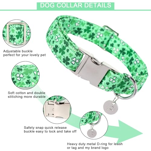 Image of St. Patrick's Dog Collar, Cotton St. Patricks Clover Collar for Puppy Girl Boy Dog or Cat, Lucky Shamrock Dog Collar with Metal Buckle, Green, Spring, L