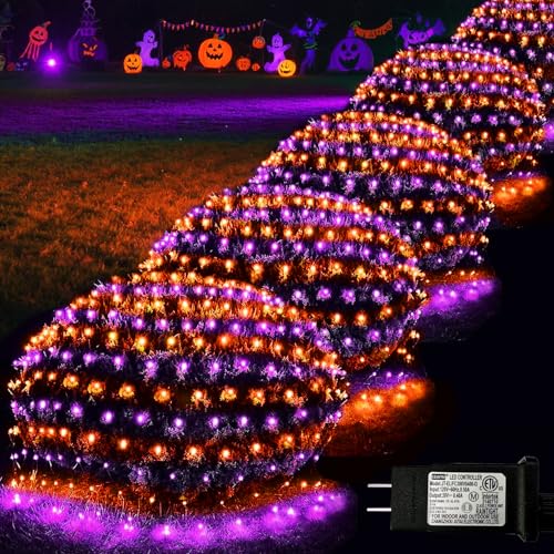 Pooqla Orange and Purple Halloween Net Lights Outdoor 28x 5ft Clear Wire