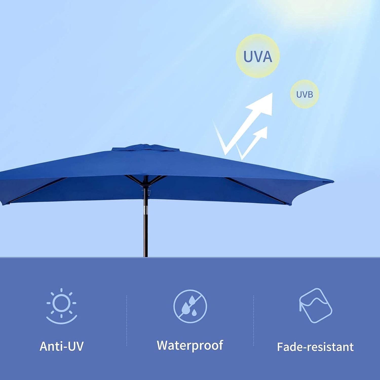 6 Ribs Rectangular Patio Umbrella Replacement Canopy, Replacement Umbrella Canopy Rectangle 10Ft X 6.5 Feet, for 10' Outdoor/Garden/Pool/Deck/Yard Shade Umbrella Blue (Canopy Only)
