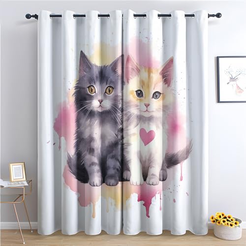 zcwl Rideau Occultant Chat Mignon, Chaton Motif Rideaux Thermiques à Oeillets, Rideaux Imprimé pour Salon Chambre Fenetre Moderne Décoration, 75x166 cm (L x...