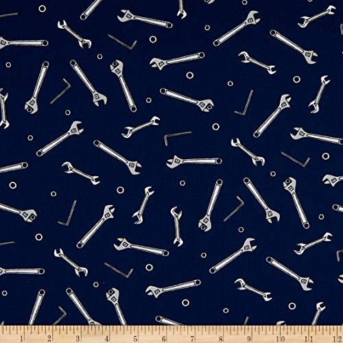 Kaufman Musings Wrench Tools Blue, Quilting Fabric by the Yard