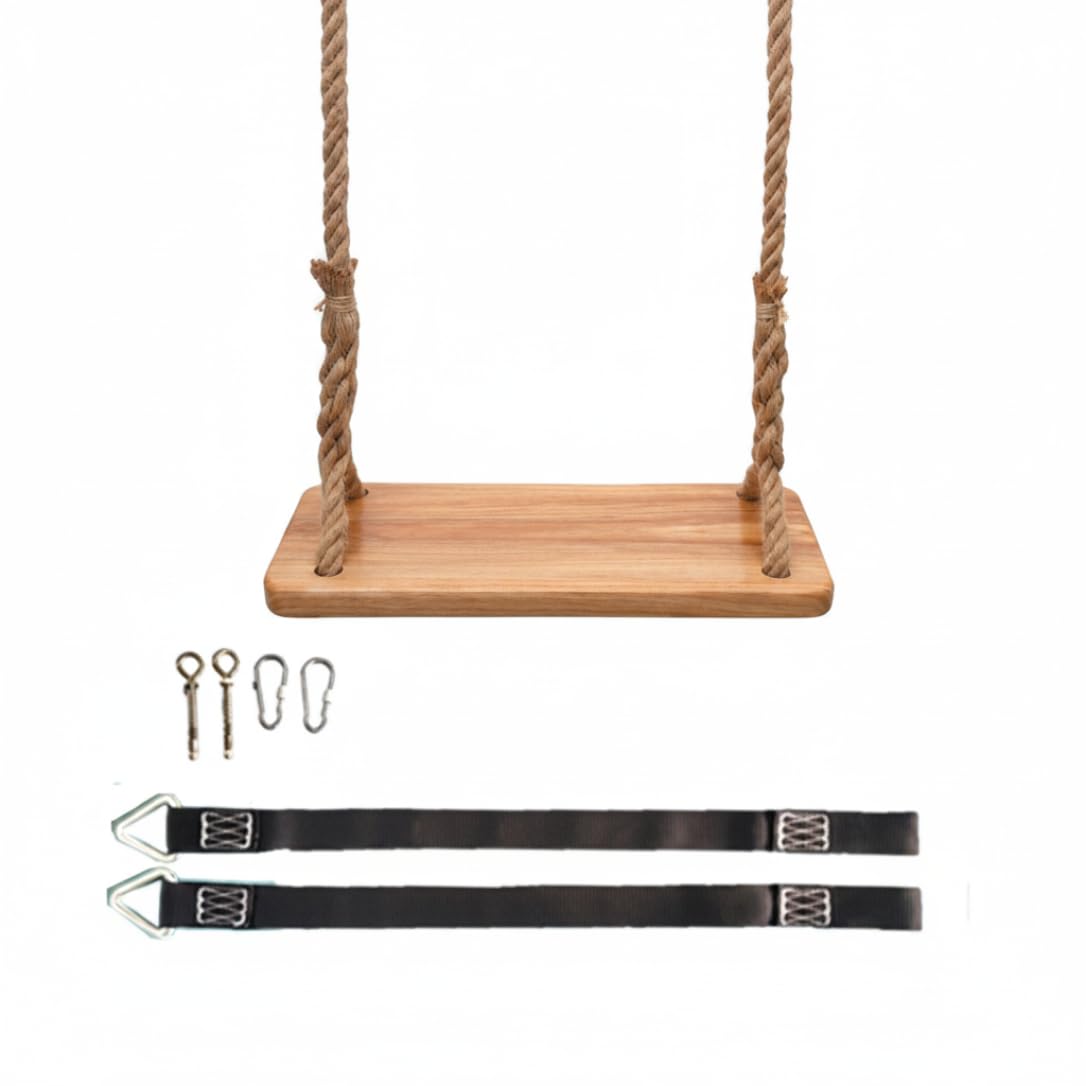 Altalena a trapezio Altalena in legno per esterni in legno di olmo spesso per bambini con corda resistente e parti metalliche per interni ed esterni per bambini e adulti 15, 75x6, 30 pollici