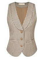Belle Poque Braune Karierte Weste für Damen Lässig Anzugweste U-Ausschnitt Button-Down Westen für Hemden Oberteile