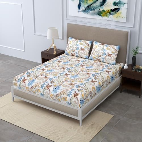 Image of Cotton Feel Glace Cotton Elastic Fitted Printed King Size Double Bed Bedsheet with 2 Pillow Cover(72 inchx78 inch) (White Rangoli)