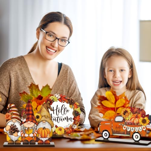 Wenqik 6 Pcs Wooden Table Decorations Wood Tabletop Sign Centerpiece Rustic Decorations for Office Desk Farmhouse Home Kitchen Tiered Tray Decor Shelves Table Decorative(Maple Pumpkin) - Image 3