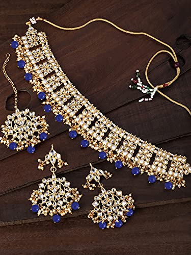 Image of Aheli Elegant Indian Faux Kundan Studded Choker Necklace with Maang Tikka Set Ethnic Wedding Wear Bharatanatyam jewellery set Gift for Women
