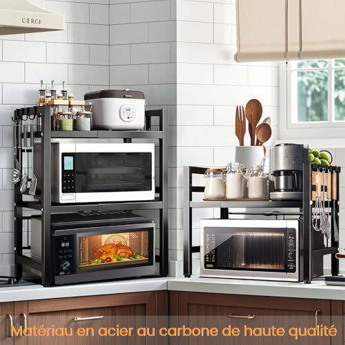 Étagère micro-ondes extensible en métal noir à 2 niveaux pour cuisine - 3