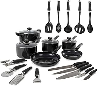Morphy Richards Equip 20 Piece Cookware Set (4 Pots + 2 Saucepans + 14 Utensils), Black, Aluminium
