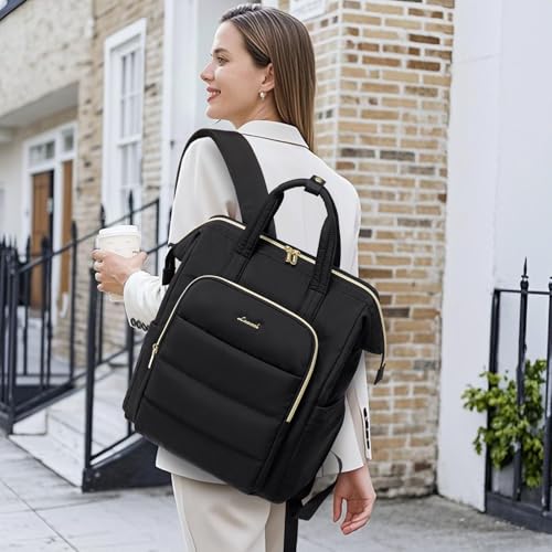 Image of LOVEVOOK Laptop Backpack Women 17 inch,Lightweight Puffer Travel Backpacks for Women,Quilted Laptop Bag Computer Work Teacher Nurse Backpack,Womens Backpack Purse Daypack for College Business,Black