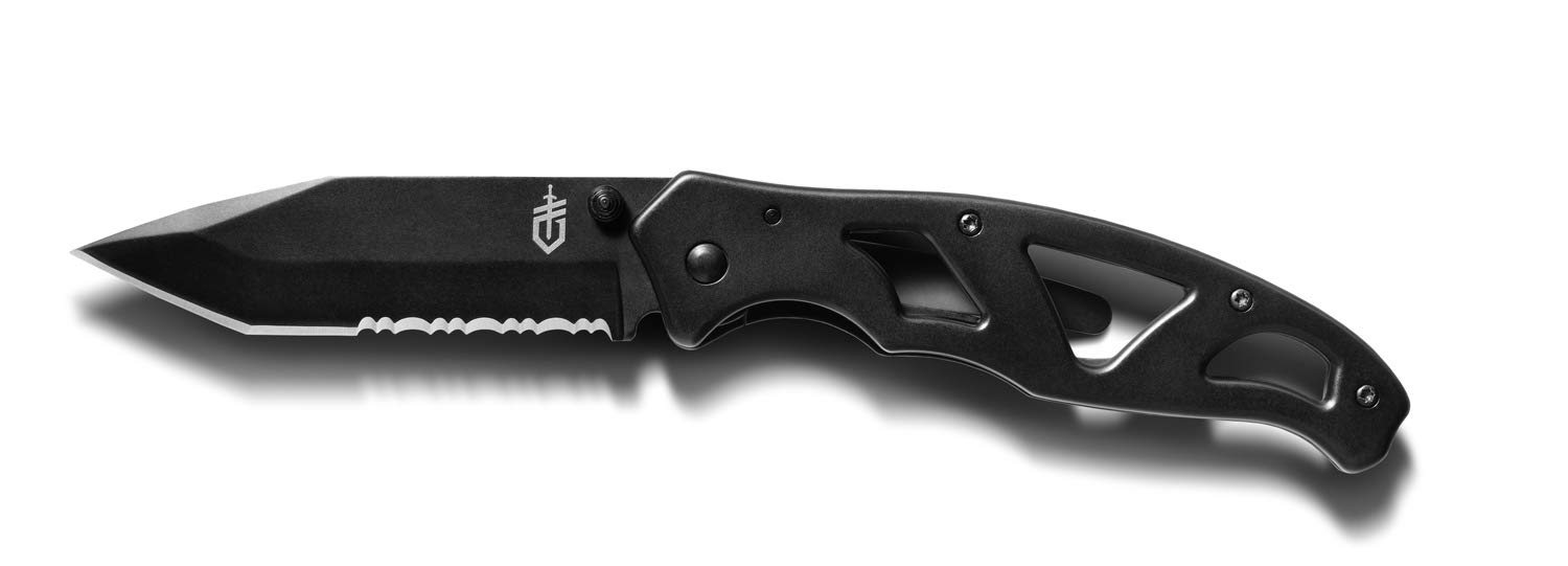 Gerber Coltello a serramanico semi-seghettato con clip per la cinta, Lunghezza lama: 8,9 cm, Paraframe II Tanto Clip Knife, Nero, 31-003635