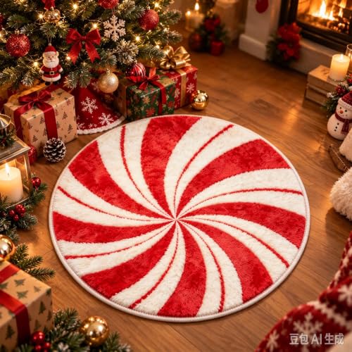 Aufmer Christmas Candy Swirl Door Mat 23.62 Inch Large Round Bathroom Rugs - image 1
