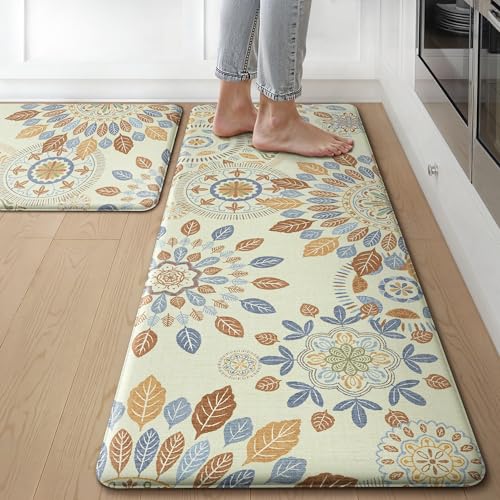 GENIMO Kitchen Mats for Floor 2PCS, Washable Cushioned Kitchen Rugs Non Slip, Farmhouse Anti Fatigue Mat Waterproof, Comfort Standing Mat Rug for Home, Laundry, Office, 17.3