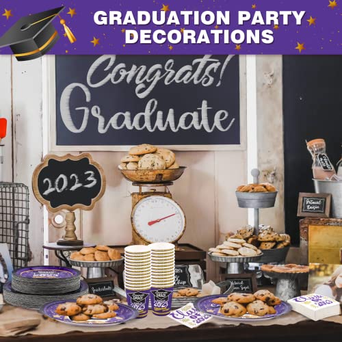200Pcs Graduation Paper Plates And Napkins Cups 2023 Serve 50, Purple And Black Congrats Grad Party Supplies Sets Class Of 2023 Disposable Plates For Dinner Dessert Cake Table Decorations Dinnerware #TOP5