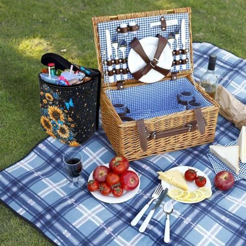 Image of Blue Butterfly Sunflower Print Car Trash Can - Foldable, Automotive Garbage Bin with Leak Proof Hanging Bag