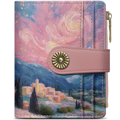 Image of Small Wallet for Women, RFID Blocking Bifold Card Holder Wallet with 10 Card Slots, Cash Compartment, Zipper Coin Pocket & ID Window, Cute Soft Vegan Leather Compact Wallet, Starlit Valley