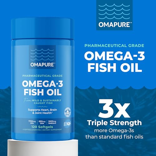 Image of OMAPURE Fish Oil Omega 3 Supplements - Triple Strength - High EPA, DHA - IFOS Lab Tested - Supports Heart & Brain Health - Burpless Capsules - Wild Caught - (3 Bottles - 120 Softgels Per Bottle)