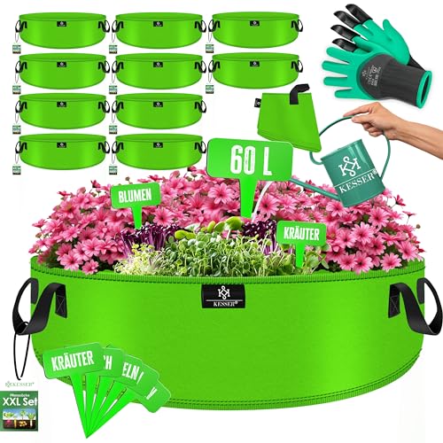 KESSER® Pflanzsack 60 Liter - 10er Set | Pflanzsäcke aus Vlies-Stoff inkl. Schildchen & Gartenhandschuhe | Kartoffel-Pflanztasche mit Fenster & Griffen | Pflanzbeutel für Gemüse Blumen Früchte Grün