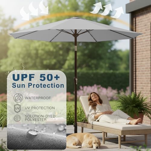 Image of 9' Solar LED Patio Umbrella with Tilt & Crank|8 Sturdy Ribs,UV Protection,Outdoor Market Table Umbrella for Deck,Lawn,Pool,Backyard(Light Gray)